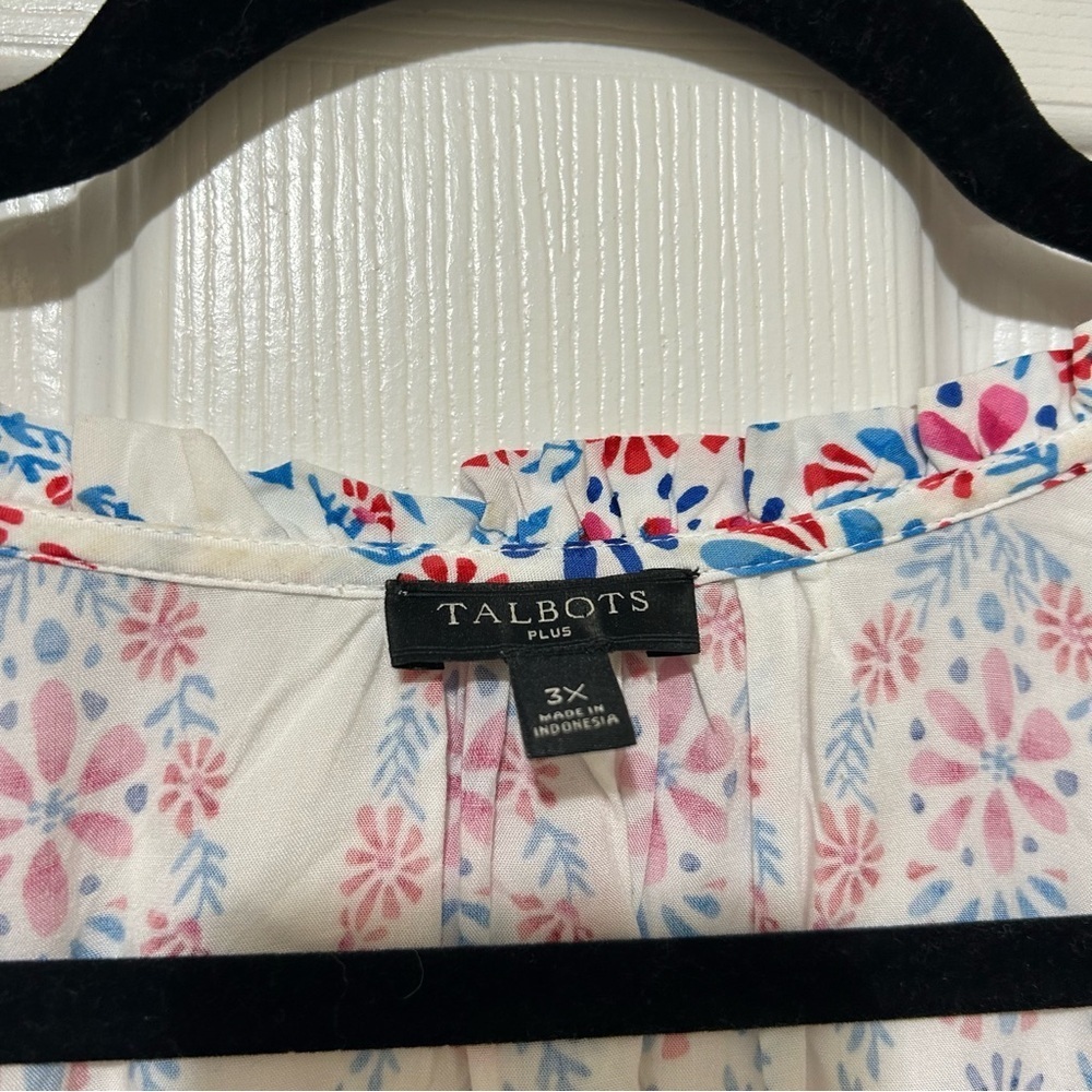Talbots Blouse Floral Paisley Smocked Resortwear Coastal White Blue Plus Size 3X - Picture 3 of 8